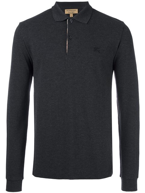 Burberry Check Placket Long Sleeve Polo Shirt In Grey | ModeSens