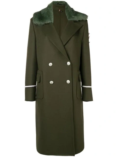 Ermanno Scervino Faux Fur Trim Double Breasted Coat In Green
