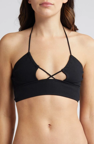 Topshop Rib Halter Bikini Top In Black