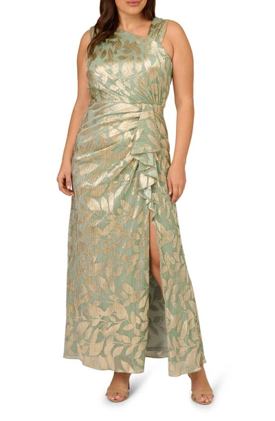 Adrianna Papell Asymmetric Metallic Foil Leaf Gown In Sage/gold