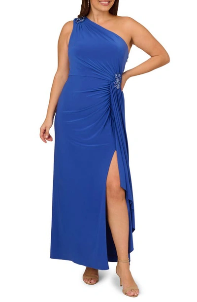 Adrianna Papell Embellished One-shoulder Jersey Cocktail Dress In Brilliant Sapphire