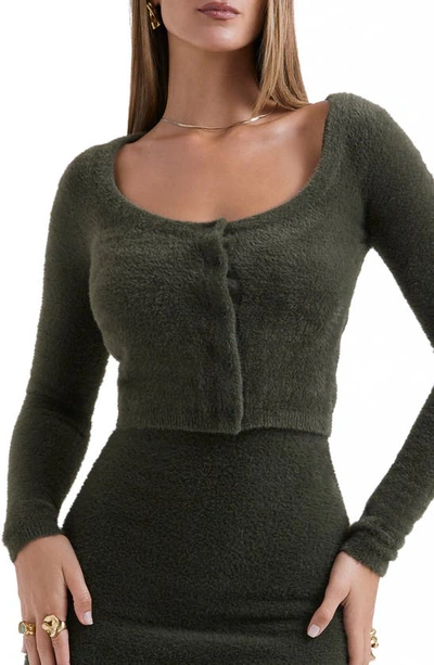 House Of Cb Gene Chenille Crop Cardigan In Khaki