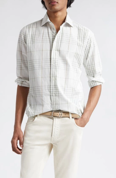 Eleventy Check Cotton & Linen Button-up Shirt In White And Green