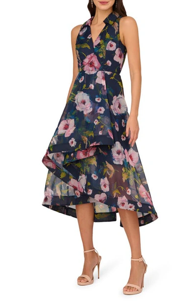 Adrianna Papell Floral Print Organza High-low Dress In Mavy Multi