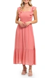 August Sky Ruffle Cap Sleeve Fit & Flare Maxi Dress In Coral