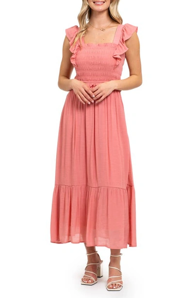 August Sky Ruffle Cap Sleeve Fit & Flare Maxi Dress In Coral