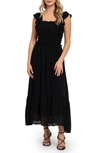 August Sky Ruffle Cap Sleeve Fit & Flare Maxi Dress In Black