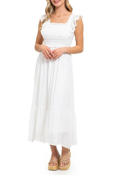 August Sky Ruffle Cap Sleeve Fit & Flare Maxi Dress In White