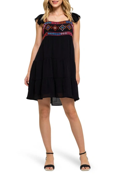 August Sky Embroidered Cap Sleeve Trapeze Dress In Black