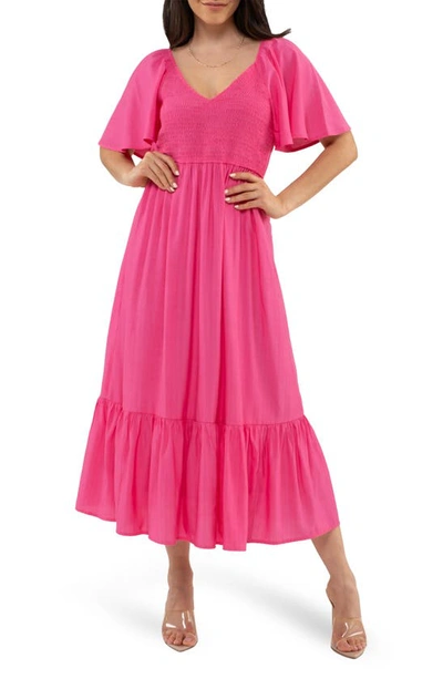 August Sky Flutter Sleeve A-line Midi Dress In Fuchsia