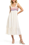 August Sky Embroidered Tie Strap Empire Waist Midi Dress In Cream