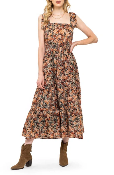 August Sky Floral Tie Strap Tiered Maxi Dress In Brown Multi