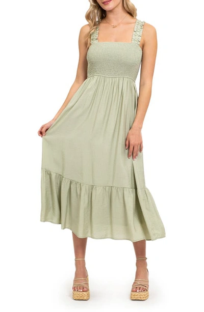 August Sky Smocked Empire Waist Midi Dress In Light Olive | ModeSens