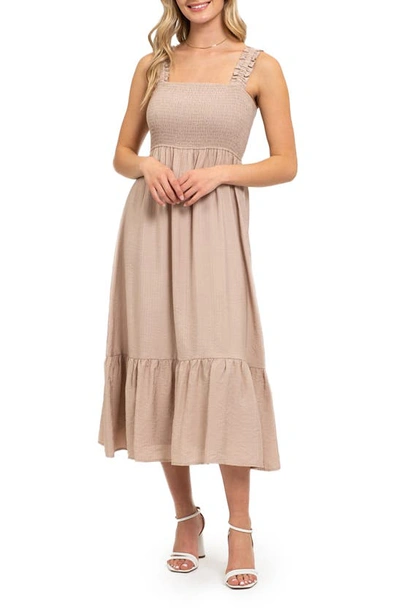 August Sky Smocked Empire Waist Midi Dress In Taupe