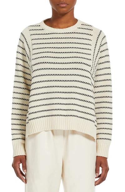 Max Mara Natura Stripe Cotton Blend Crewneck Sweater In White
