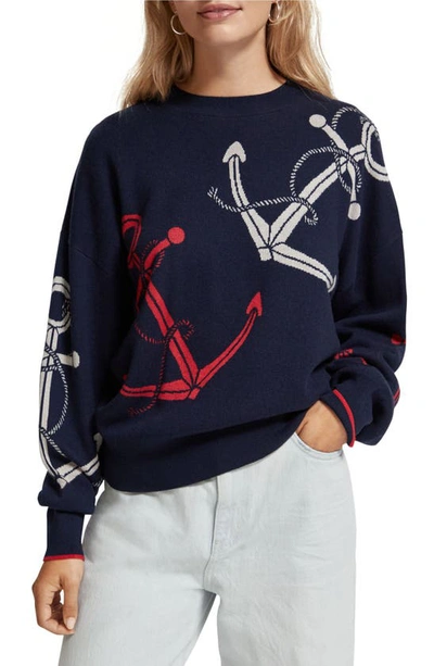 Scotch & Soda Anchor Jacquard Jumper In Navy Blue