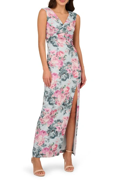 Adrianna Papell Floral Jacquard Metallic Sleeveless Gown In Blue Multi