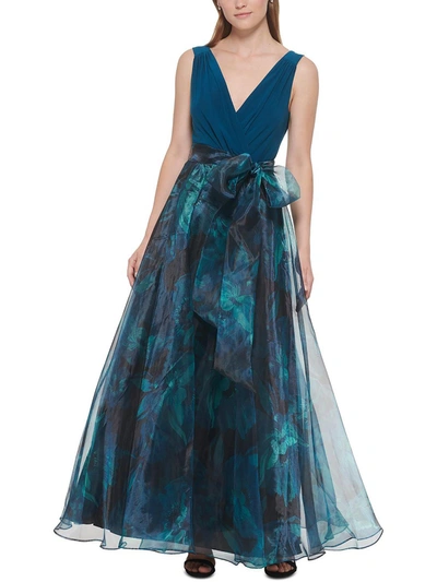 Eliza J Petites Womens Printed Maxi Evening Dress In Blue