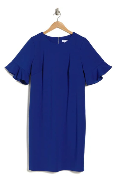 Calvin Klein Ruffle Short Sleeve Sheath Dress In Regatta