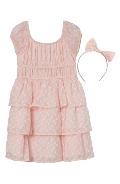 Speechless Kids' Clip Dot Tiered Dress With Headband In Pink
