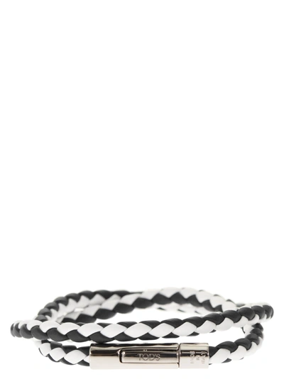 Tod's My Colors 2 Turn Leather Bracelet In Black/white