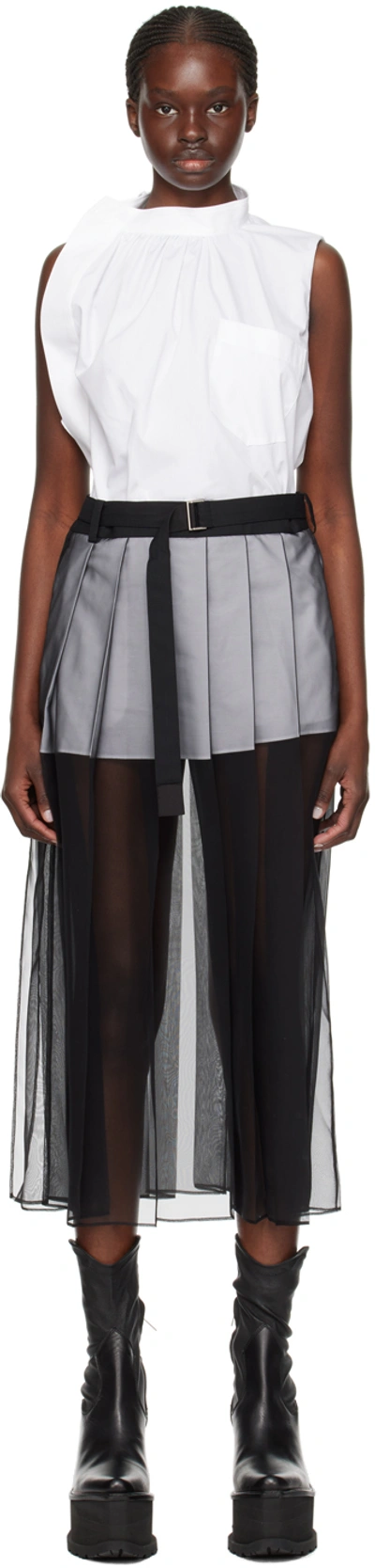 Sacai Tie-neck Blouse Midi Dress With Sheer Skirt Overlay In Off White X Black