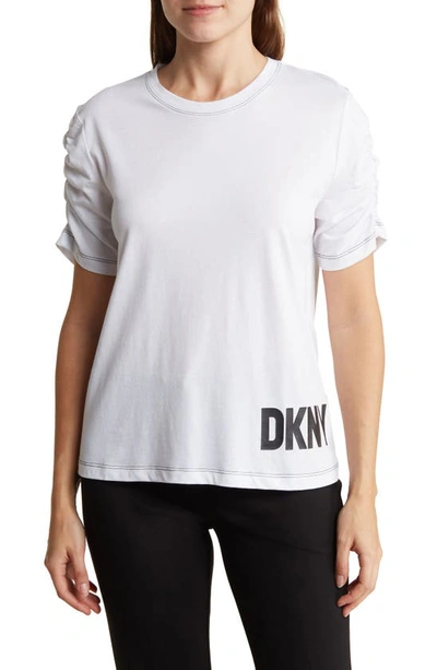 Dkny Ruched Short Sleeve Logo Top In White/ Black