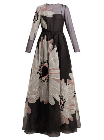 Valentino Long-sleeve Floral-embroidered Organza Evening Gown In Black Multi