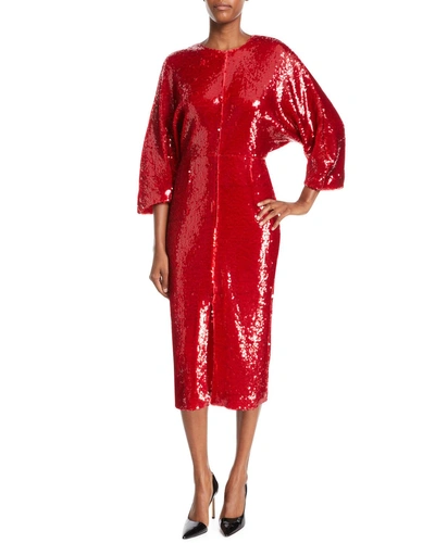Sally Lapointe Jewel-neck Dolman-sleeve Shift Sequin Cocktail Dress In Red