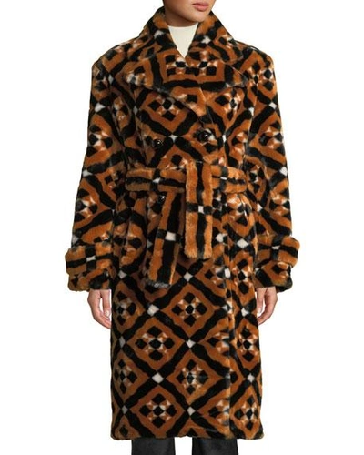 Mary Katrantzou Stokes Double-breasted Tie-waist Tile-print Faux-fur Midi Coat In Black/brown
