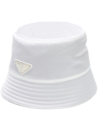 Prada Men's Nylon Bucket Hat With Logo, White