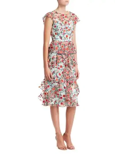 ml Monique Lhuillier Chiffon Floral Ruffle Day Dress In Hot Pink