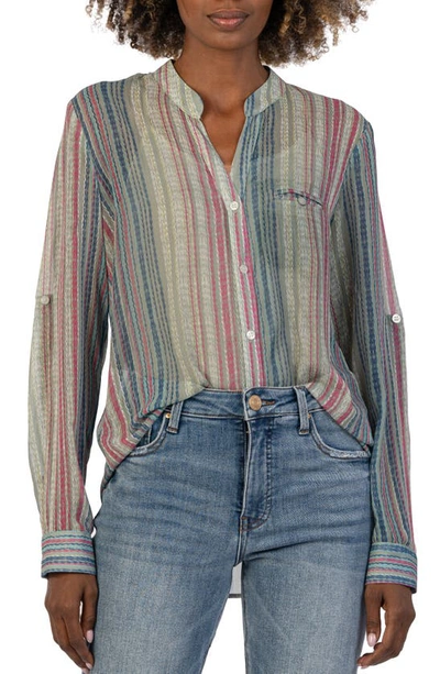 Kut From The Kloth Jasmine Chiffon Button-up Shirt In Colmar Stripe-olive