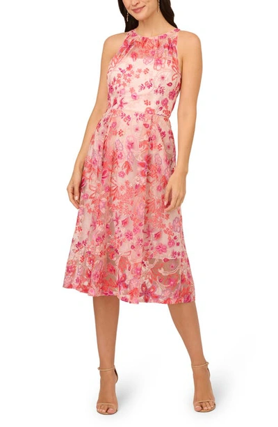 Adrianna Papell Floral Embroidered Fit & Flare Midi Dress In Pink Multi