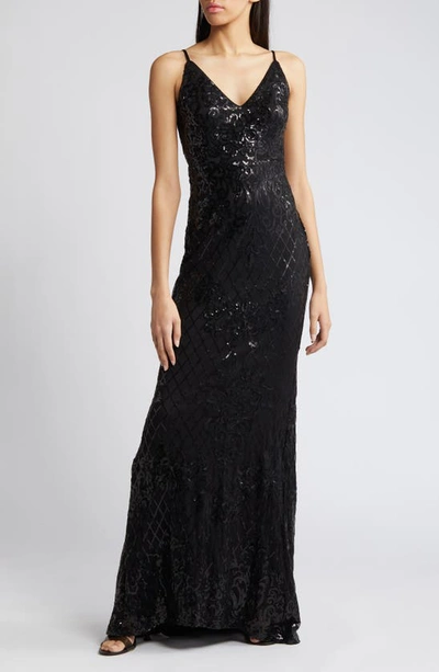 Lulus Glowing All Night Emeral Sequin Sleeveless Mermaid Gown In Black Shiny