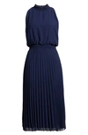 Sam Edelman Smocked Plissé Midi Dress In Dark Navy