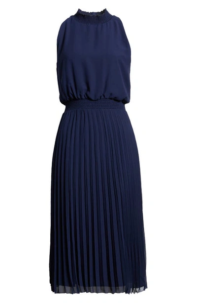 Sam Edelman Smocked Plissé Midi Dress In Dark Navy