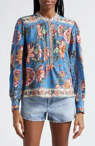 Farm Rio Wonderful Bouquet Floral Long Sleeve Button Front Top In Wonderful Bouquet Blue