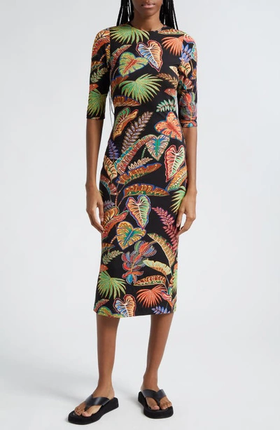 Farm Rio Cool Foliage Elbow Sleeve Jersey Midi Dress In Cool Foliage Black