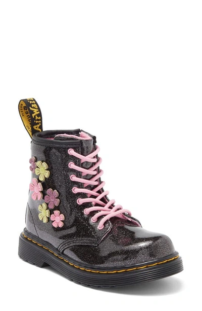 Dr. Martens Toddler 1460 Glitter & Flower Applique Lace Up Boots In Black,pink