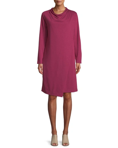 Joan Vass Long-sleeve Drape-front Knit Dress In Berry