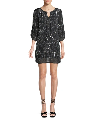 Tolani Saida Ruched 3/4-sleeve Sequined Tunic Dress In Black