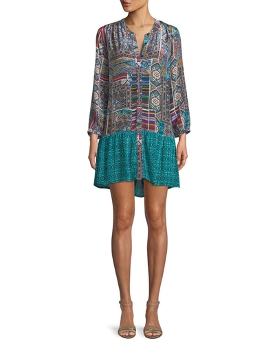 Tolani Plus Size Alex V-neck Button-front Mixed-print Tunic Dress In Teal Multi