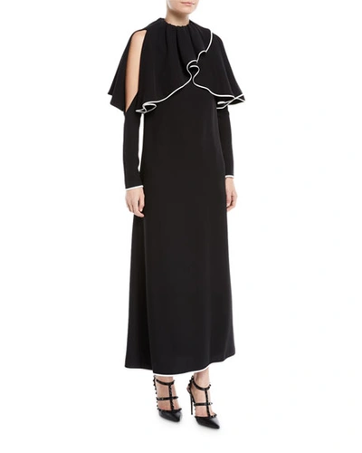 Valentino Cold-shoulder Ruffle-neckline Long-sleeve A-line Silk Evening Gown In Black/white