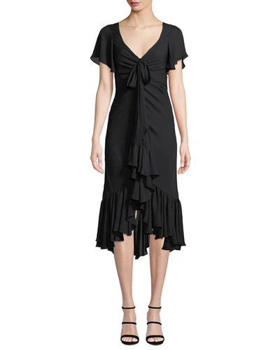 Cinq À Sept Mateo Tie-front Ruffle Silk Midi Dress In Black