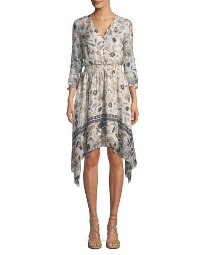 Shoshanna Jayne Floral-print Silk Dress W/ Hankie Hem In Blush