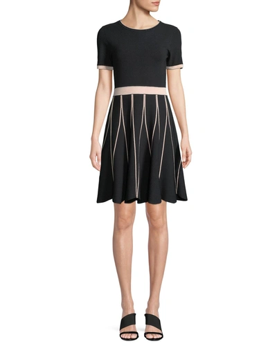 Shoshanna Tinsley Piped Knit Fit-and-flare Dress In Black/pink