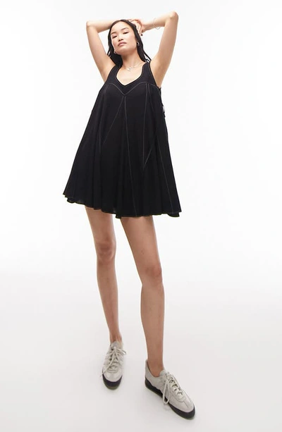 Topshop Topstich Linen A-line Dress In Black
