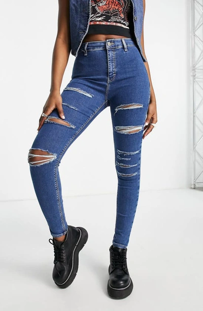Topshop Joni Ripped High Waist Skinny Jeans In Mid Blue