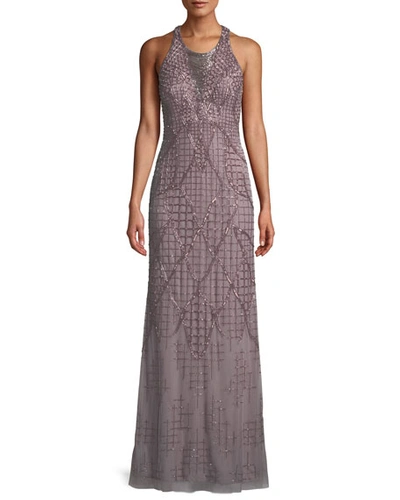 Aidan Mattox A-line Beaded Loop Fringe Halter Evening Gown